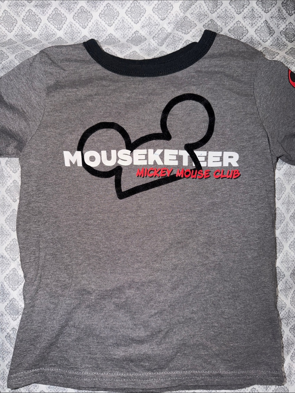 Disney Gray Kids Tee with Black Mickey Outline and Red Lettering